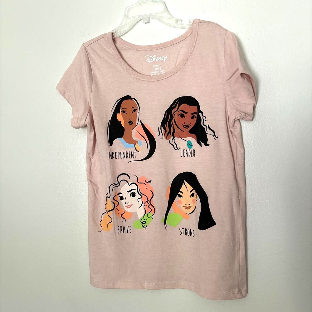 Disney Princess Girls 10/12 Pink Graphic Tee Pocahontas Moana Merida Mulan #19